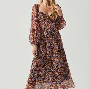 ASTR The Label Sylvie Floral Puff Sleeve Midi Dress Size Medium